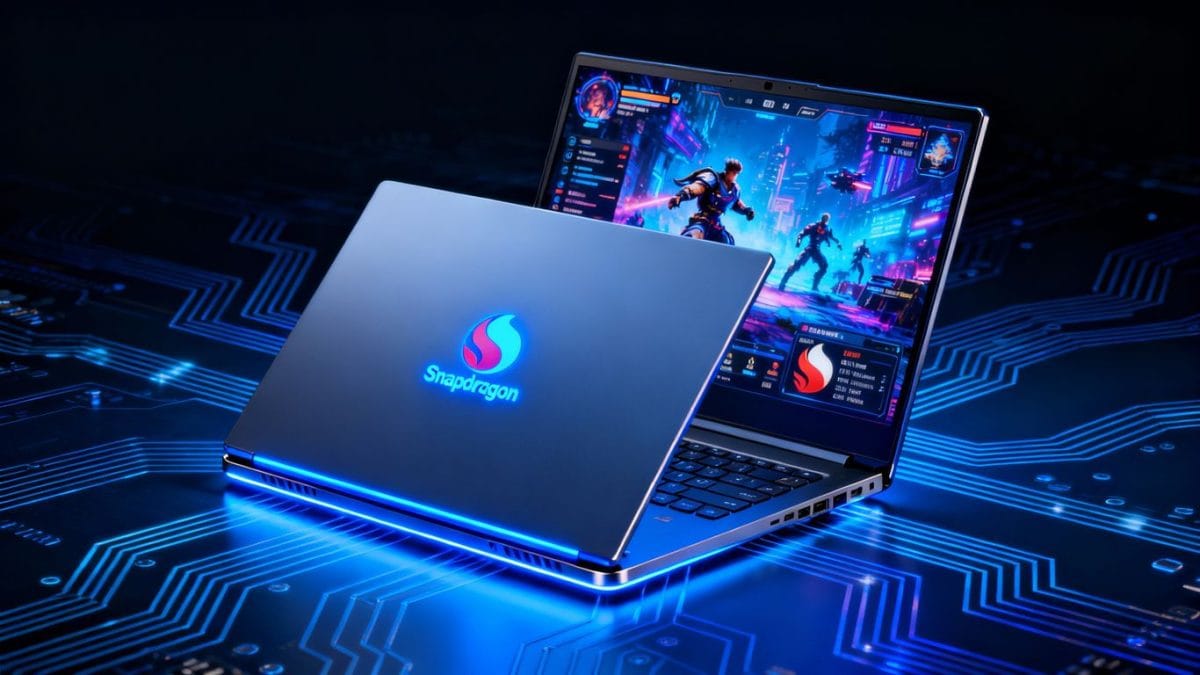 Laptop with Snapdragon logo and gaming interface.