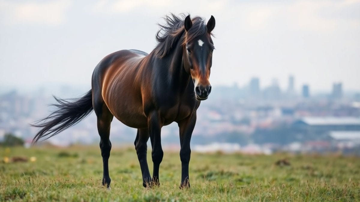 Horse in a field with city in background.