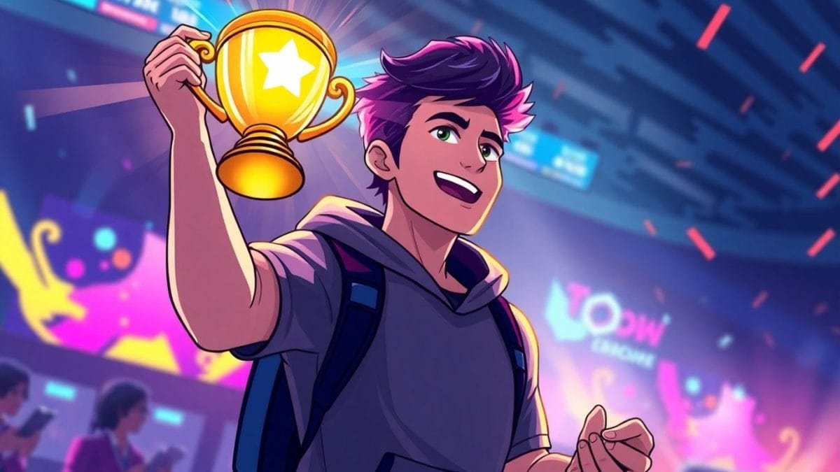 Esports player holding a trophy, game-themed background.