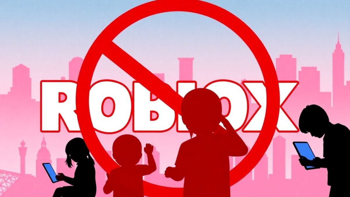 Roblox logo with a warning symbol, children, Australia
