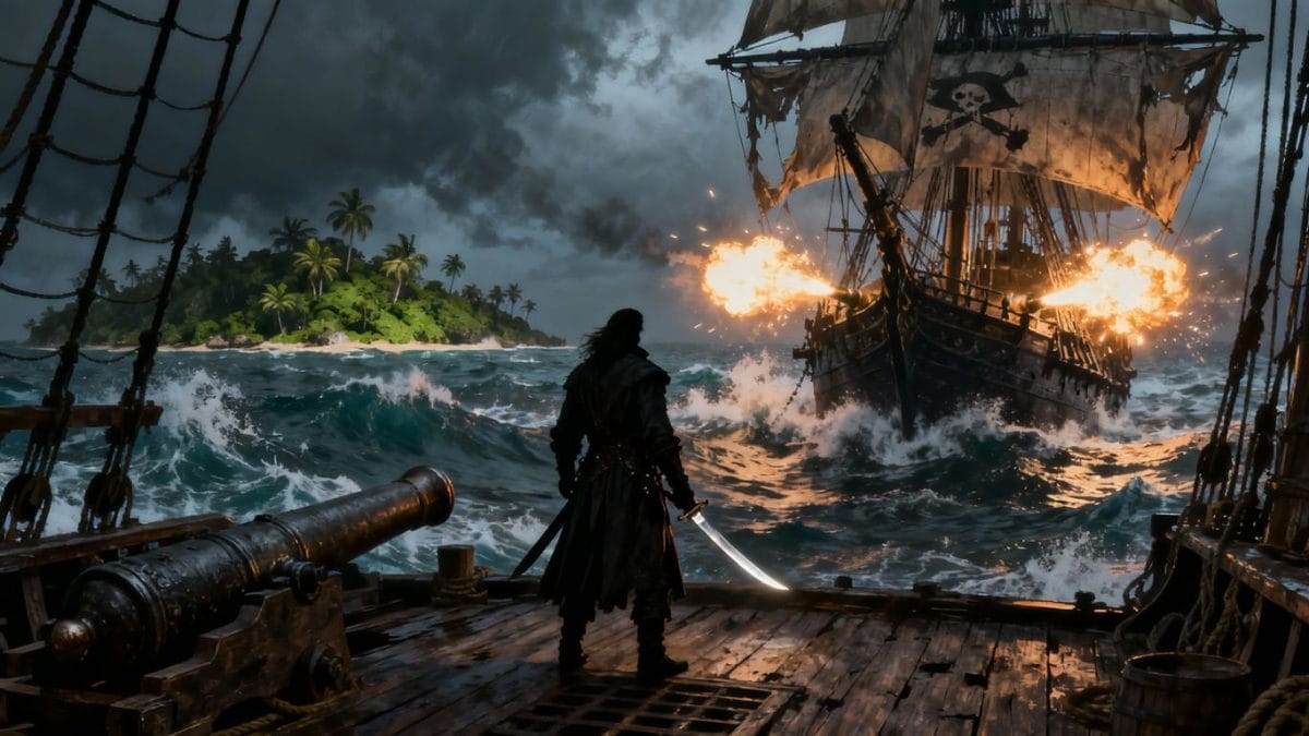 Pirate ship in stormy seas, assassin on deck.