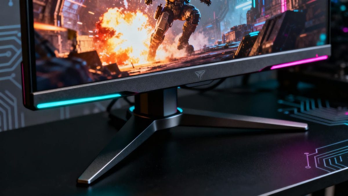 Gaming monitor with vibrant game visuals and futuristic lighting.