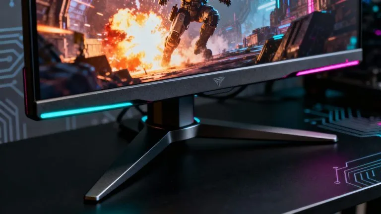 Gaming monitor with vibrant game visuals and futuristic lighting.