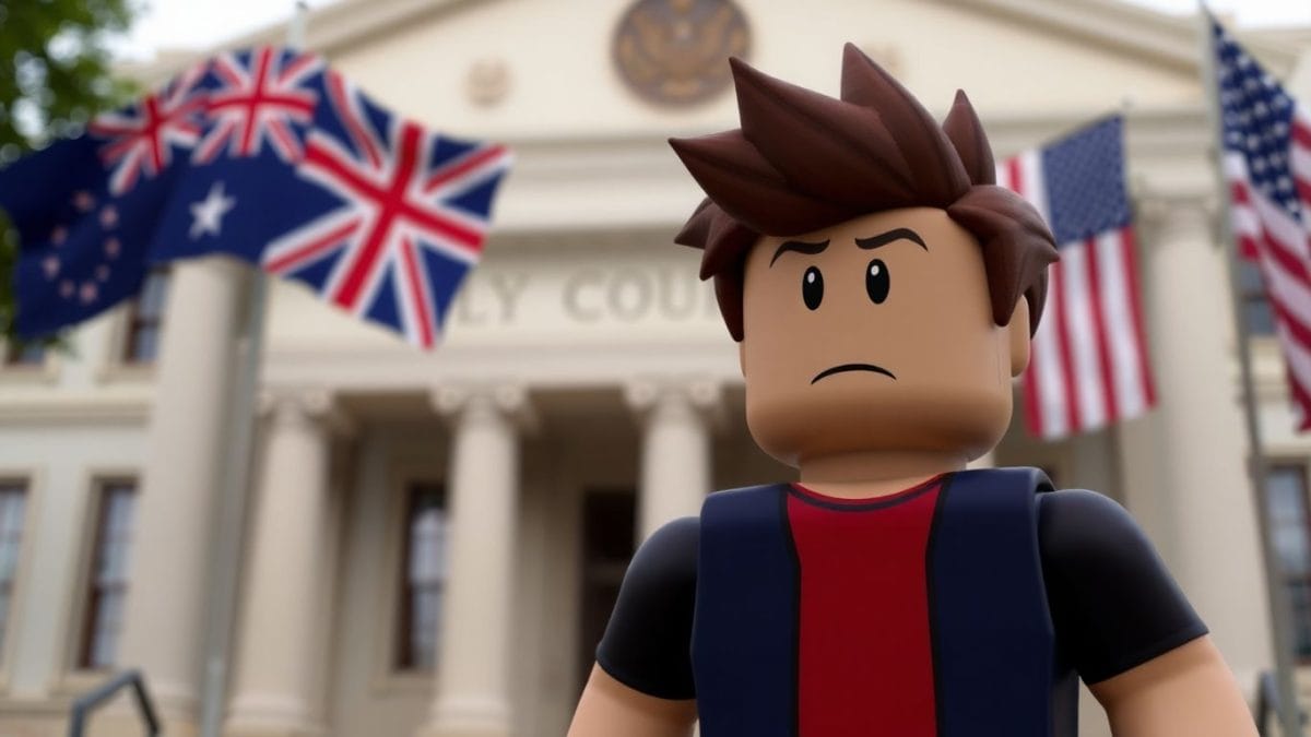 Roblox avatar at courthouse with flags.