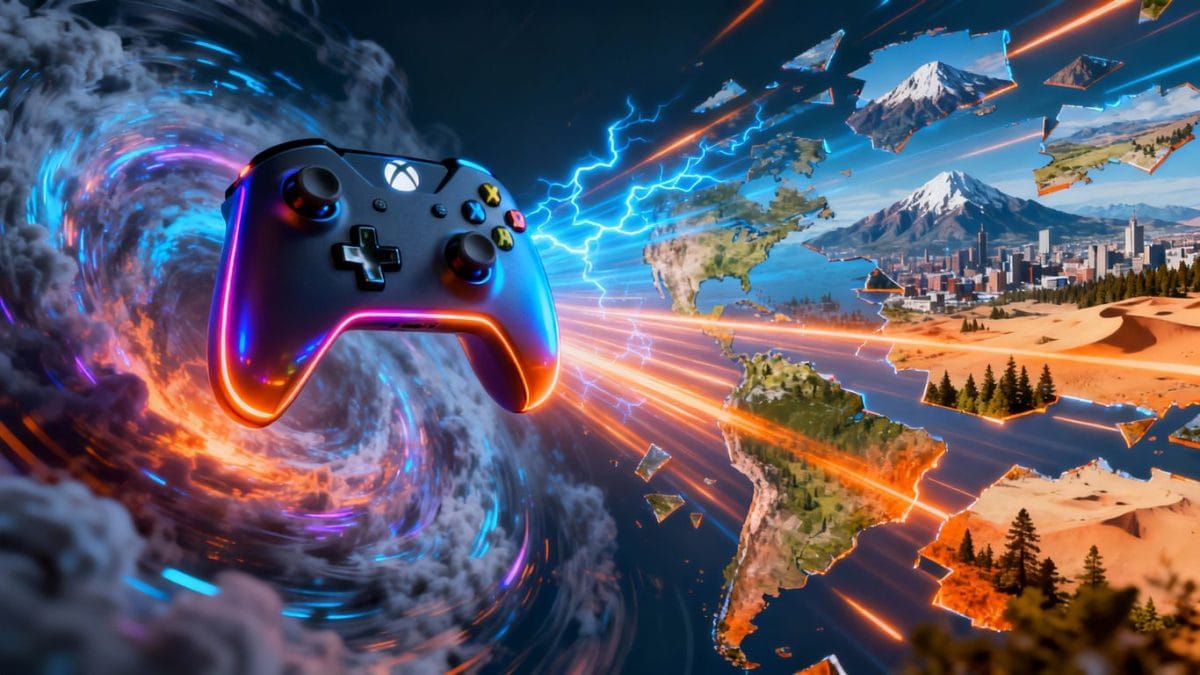 Xbox controller in clouds, expanding globally.