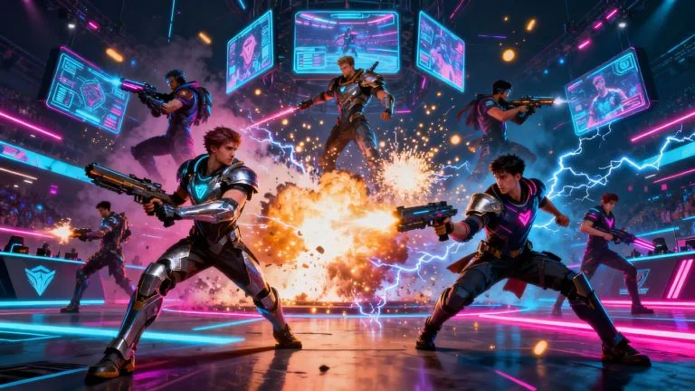 Esports game characters battling in a futuristic arena.