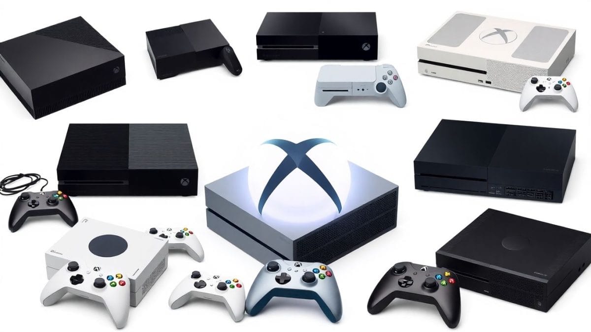 Xbox consoles and controllers through the years.