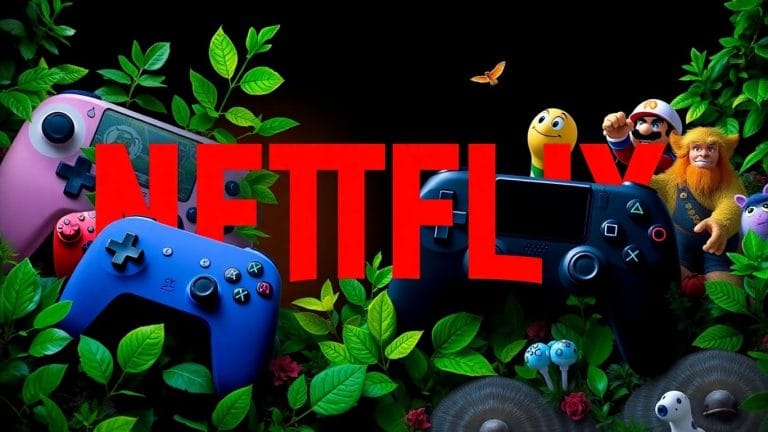 Netflix logo with game controllers and characters.
