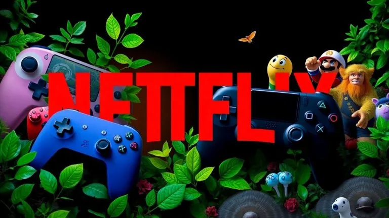 Netflix logo with game controllers and characters.