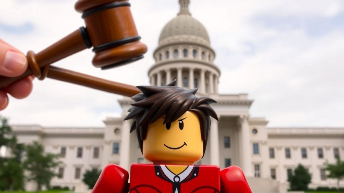 Texas gavel strikes Roblox avatar near capitol building.