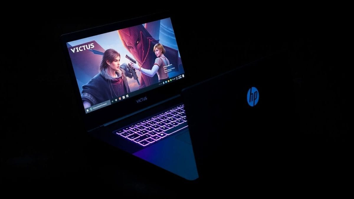 HP Victus gaming laptop on a dark surface.