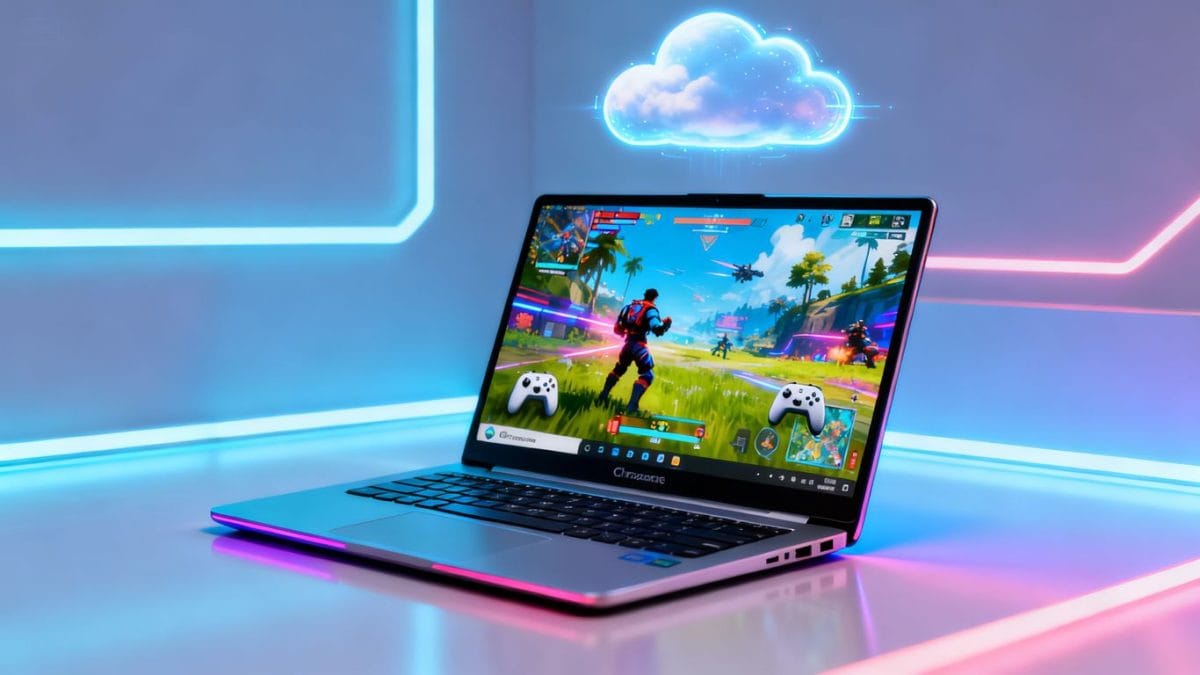 Chromebook with cloud gaming graphic and game on screen.