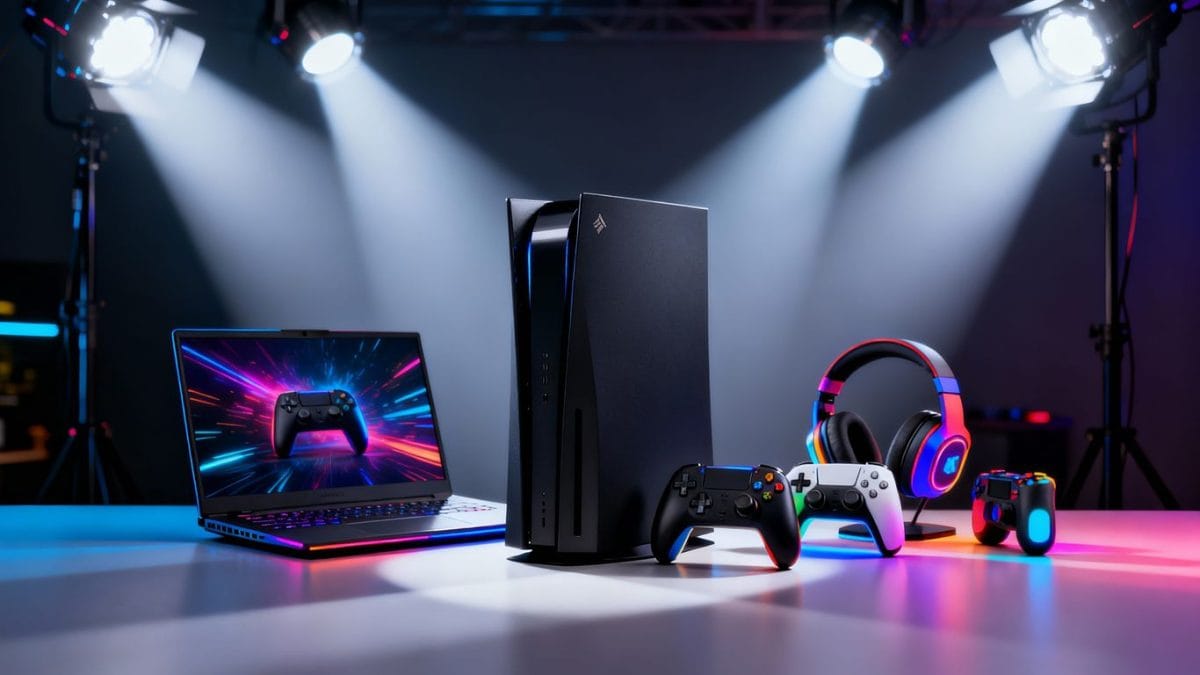 Gaming console, laptop, and accessories on sale.