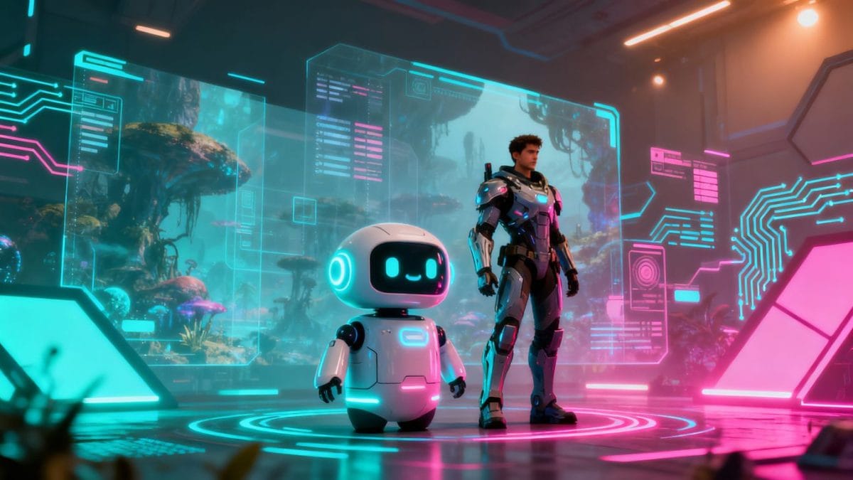 AI companion robot with player character in futuristic game interface.