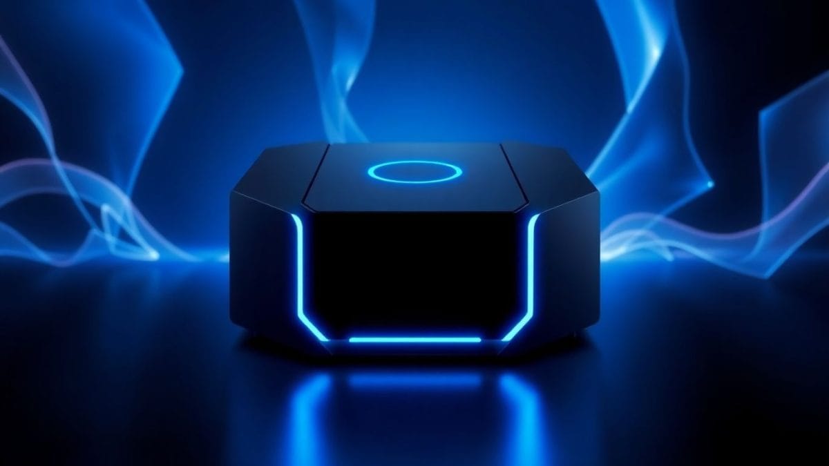 Steam Machine console with glowing blue lights and abstract gaming visuals.