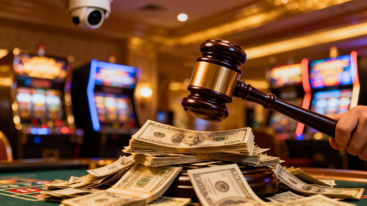 Caesars casino fine, money pile, gavel strike.