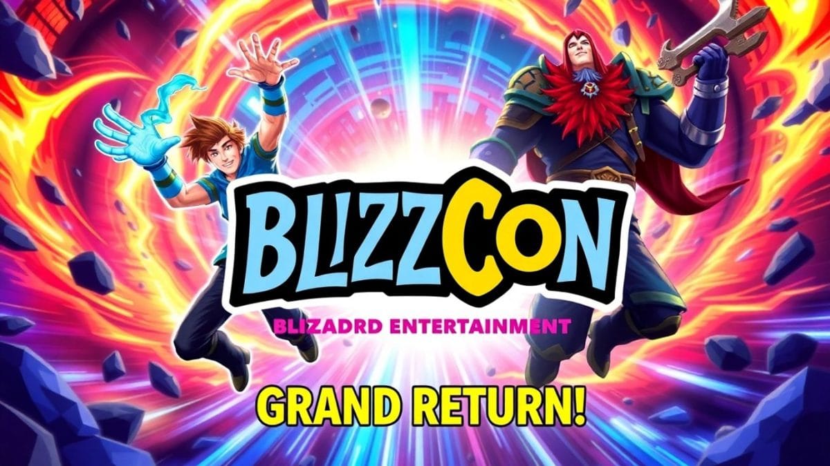 BlizzCon logo with Blizzard characters and cosmic background.