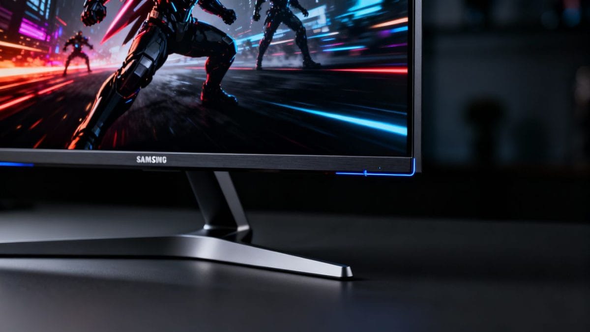 Samsung WOLED gaming monitor displaying a colorful game.