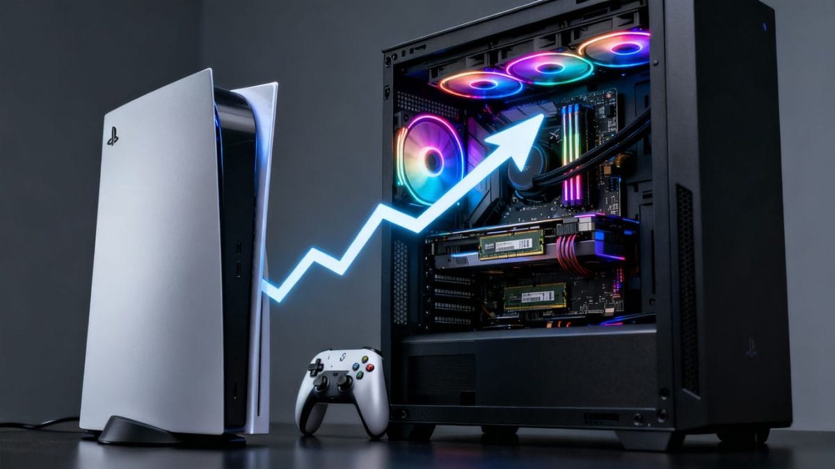 Gaming PC and console with rising price indicator.