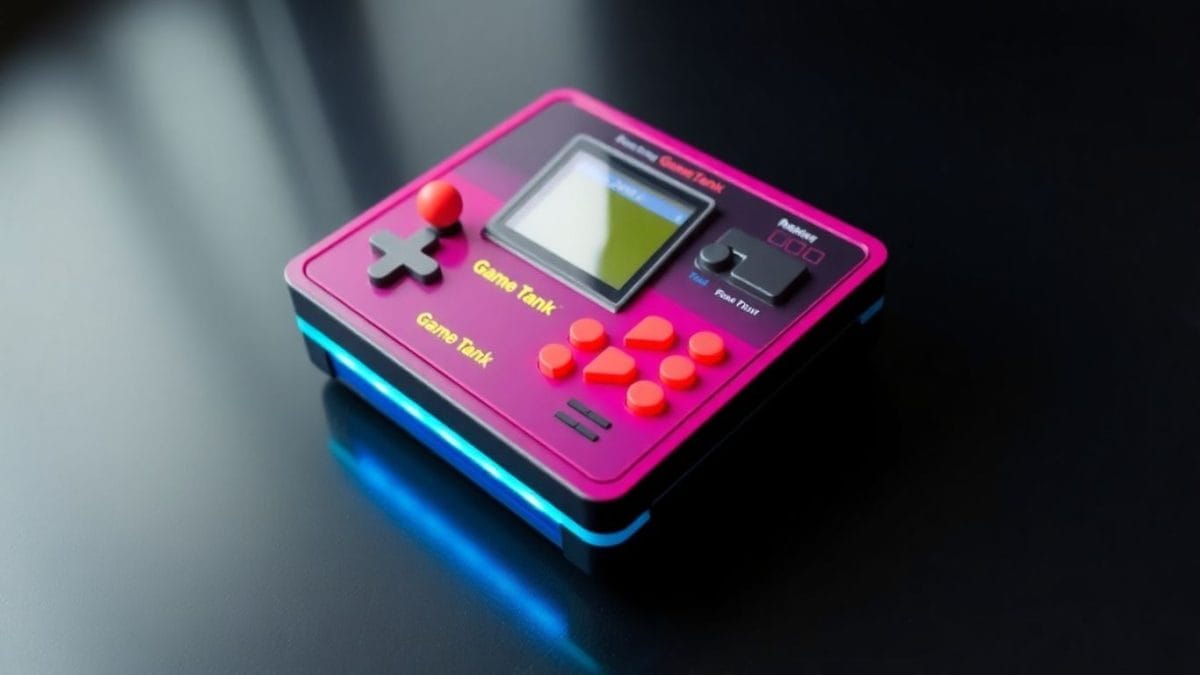 Retro 8-bit GameTank console with colorful buttons.