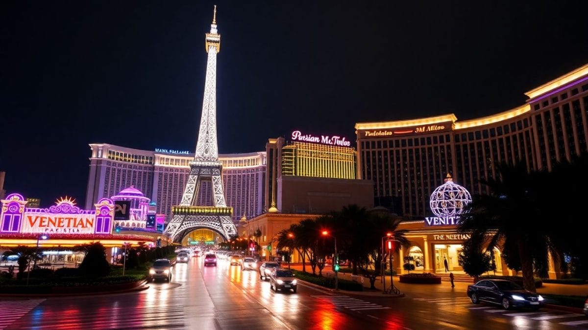 Macau casinos at night, vibrant lights, Cotai Strip