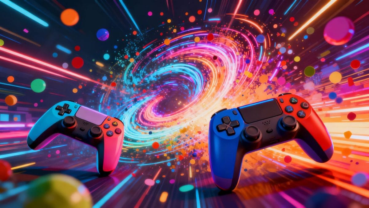 Explosion of game controllers and colorful digital particles.