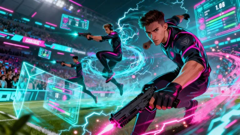 Esports players in intense competition, futuristic game aesthetic.