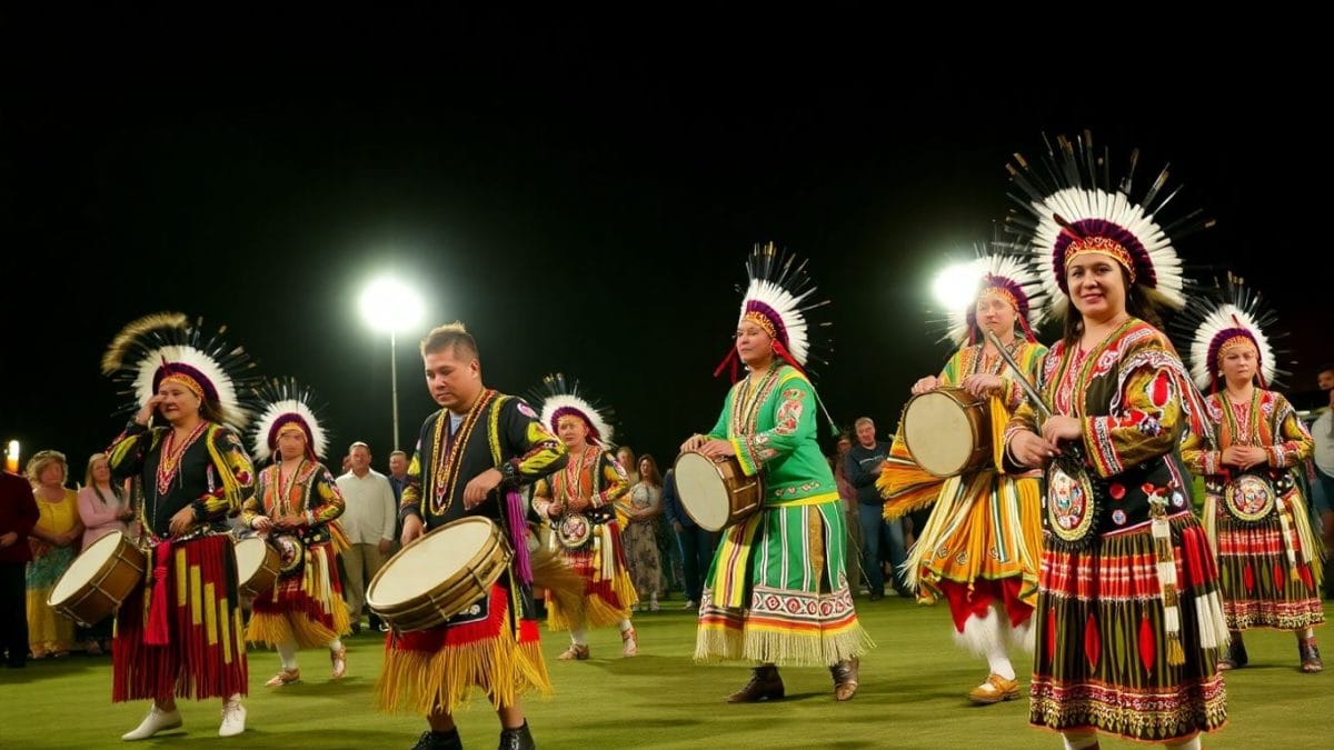 Ho-Chunk dancers in colorful regalia performing.