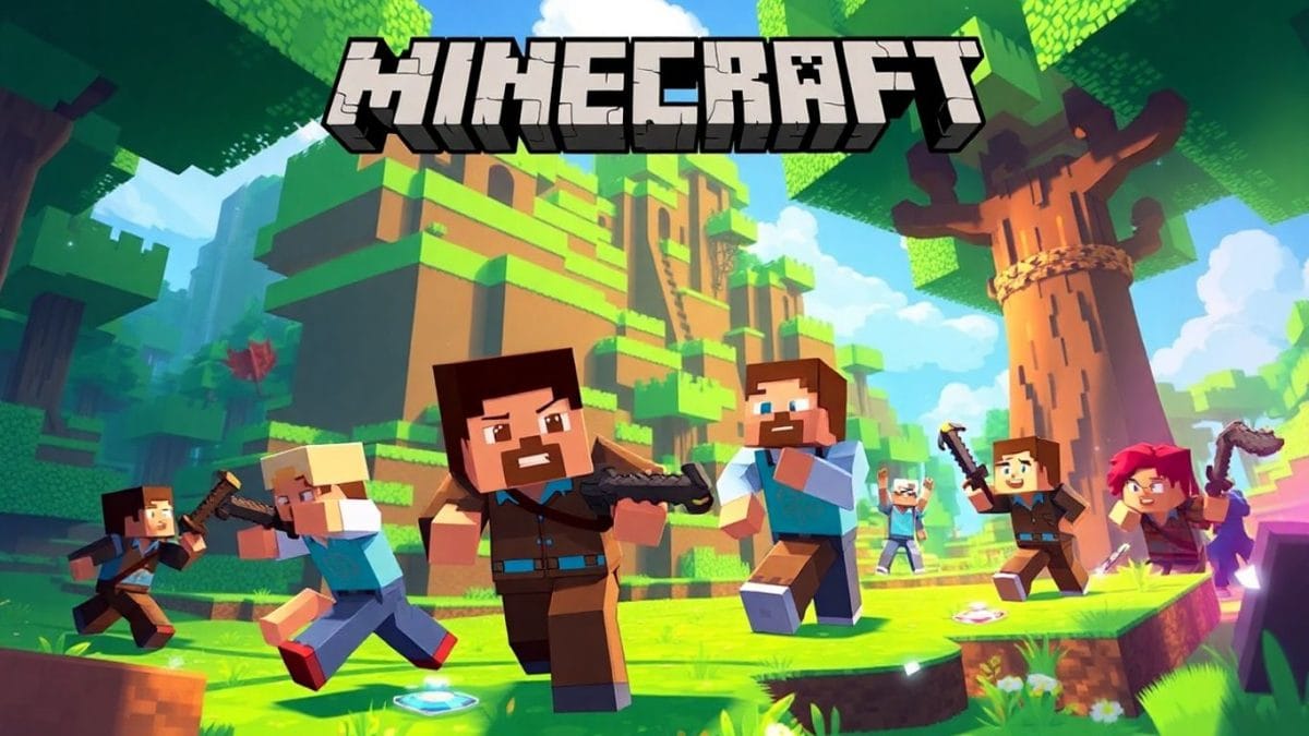 Minecraft characters playing in a vibrant game world.