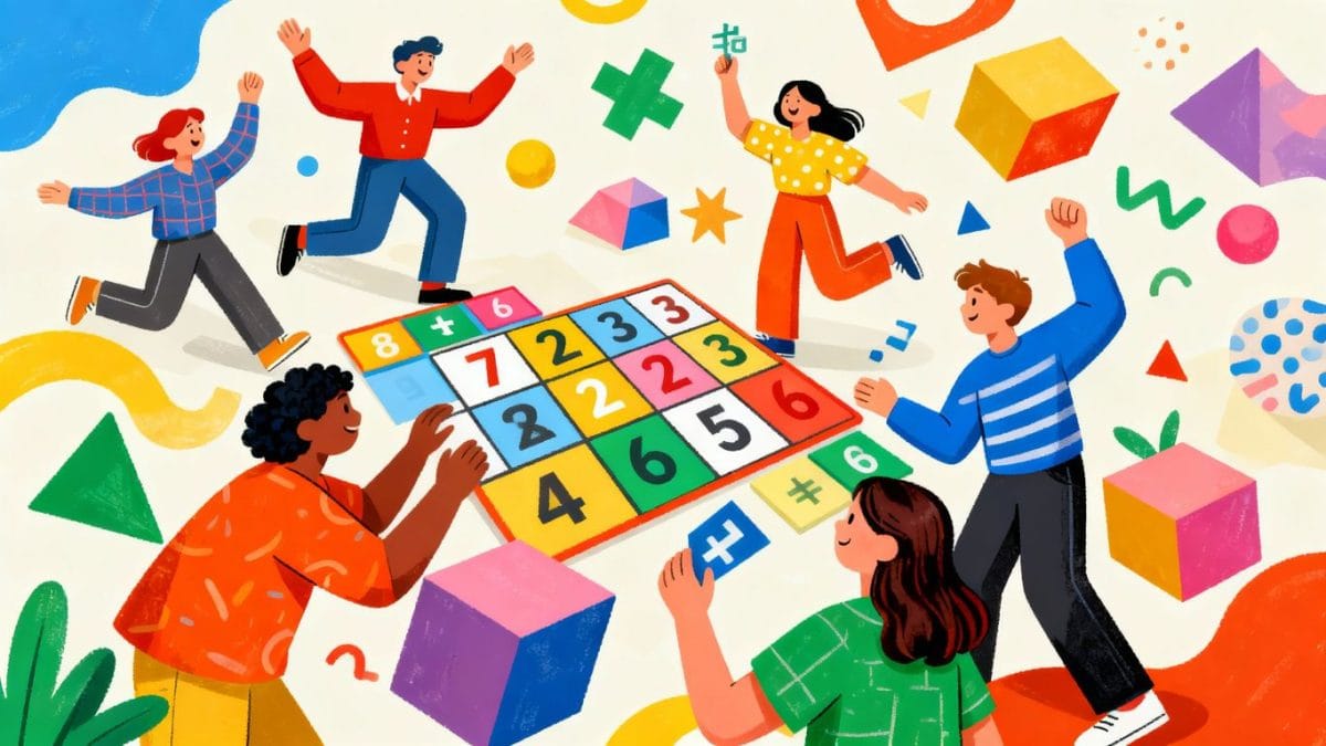 People playing fun math games, all ages.