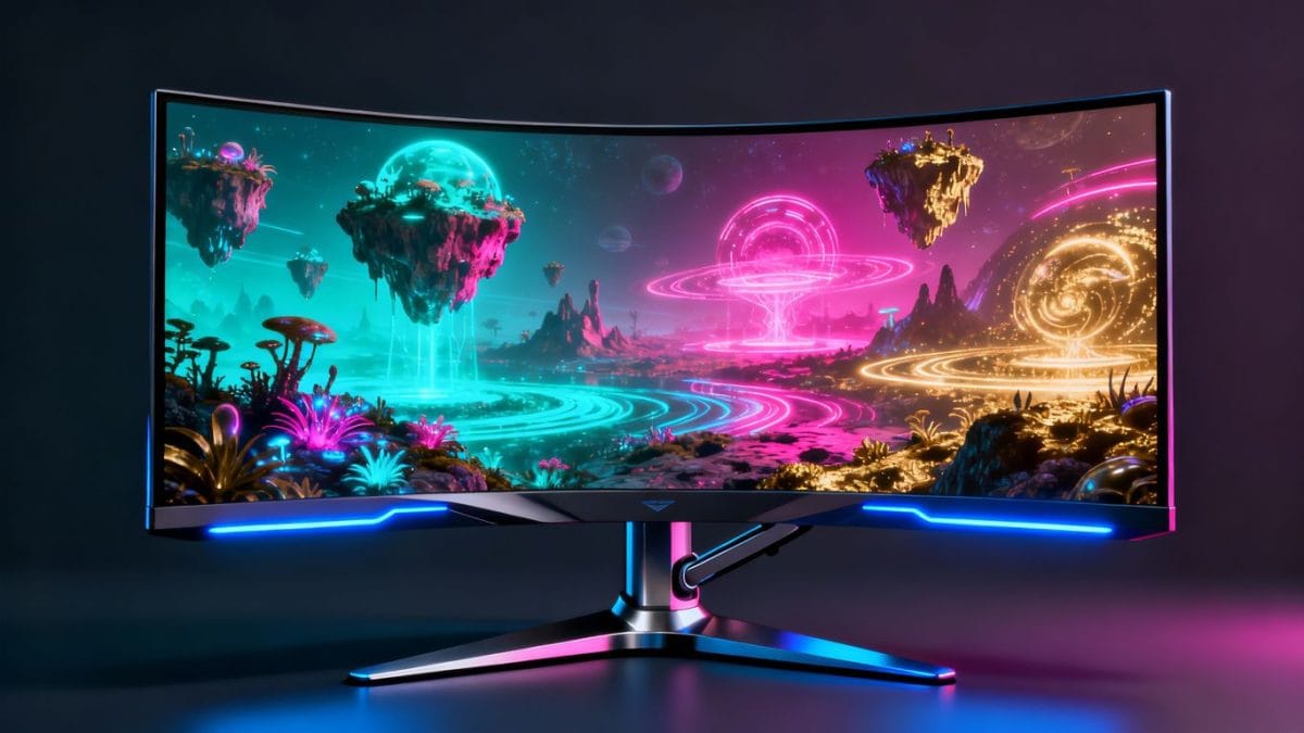 Alienware QD-OLED gaming monitor displaying a colorful alien landscape.