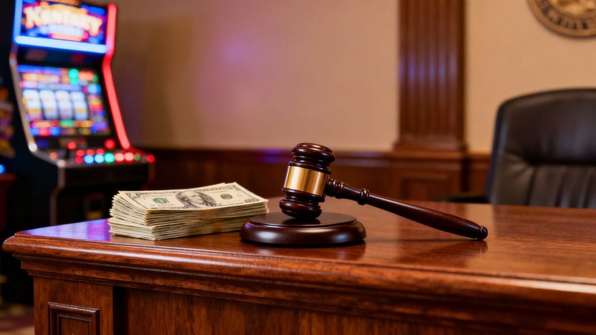 Kentucky courthouse, gavel, money, and gaming machine.