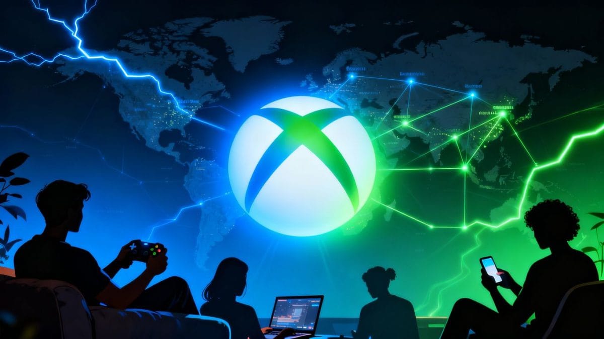 Xbox Cloud Gaming logo with people playing games globally.