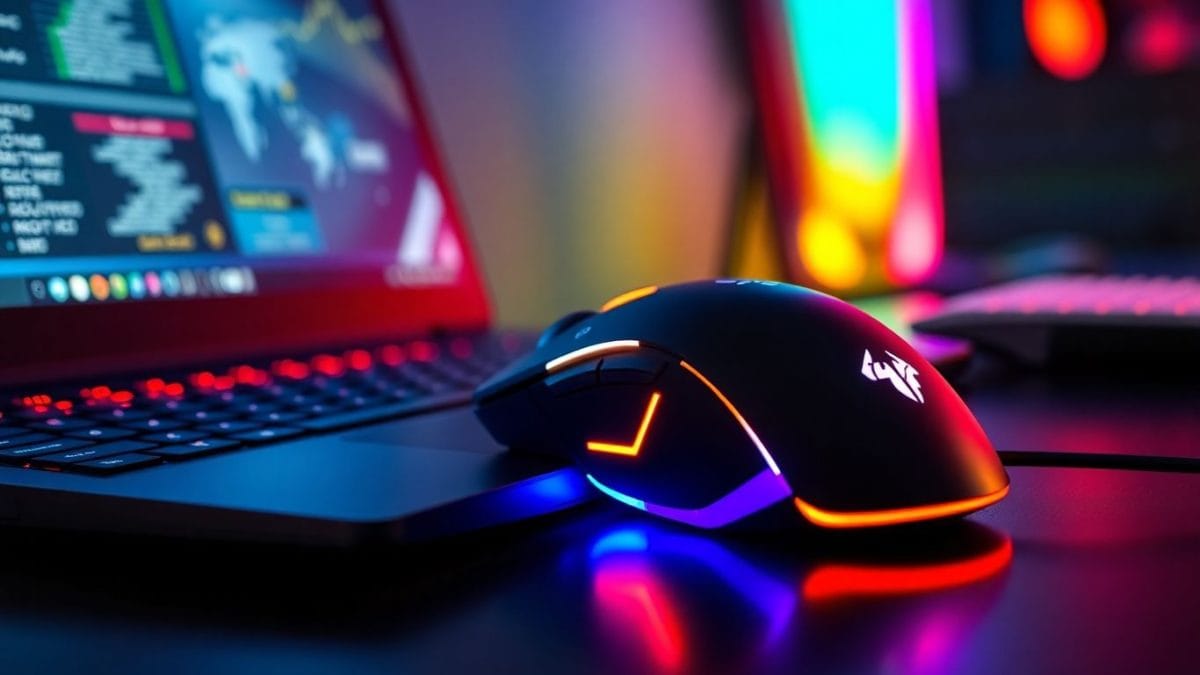 Gaming mouse and laptop with vibrant RGB lighting.