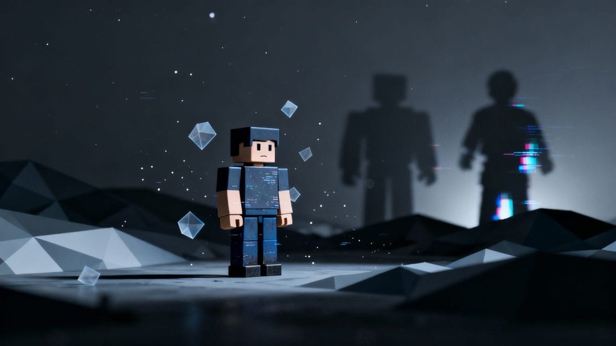 Roblox avatar in a dark, abstract digital space.