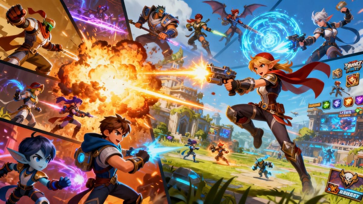 Collage of exciting online game characters and action scenes.