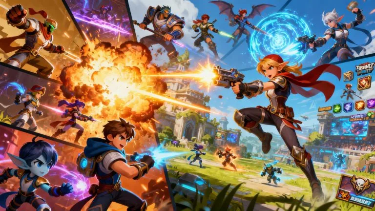 Collage of exciting online game characters and action scenes.