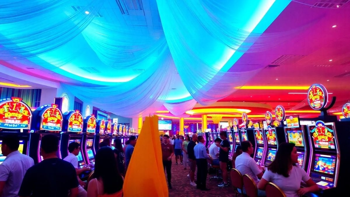 Norfolk casino interior with slot machines and happy patrons.
