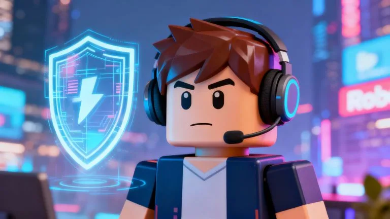 Roblox avatar with a protective shield icon.
