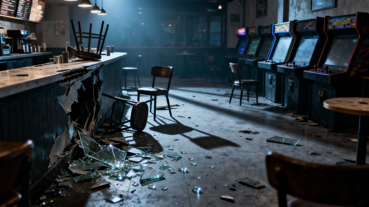Cafe interior with signs of break-in and damage.
