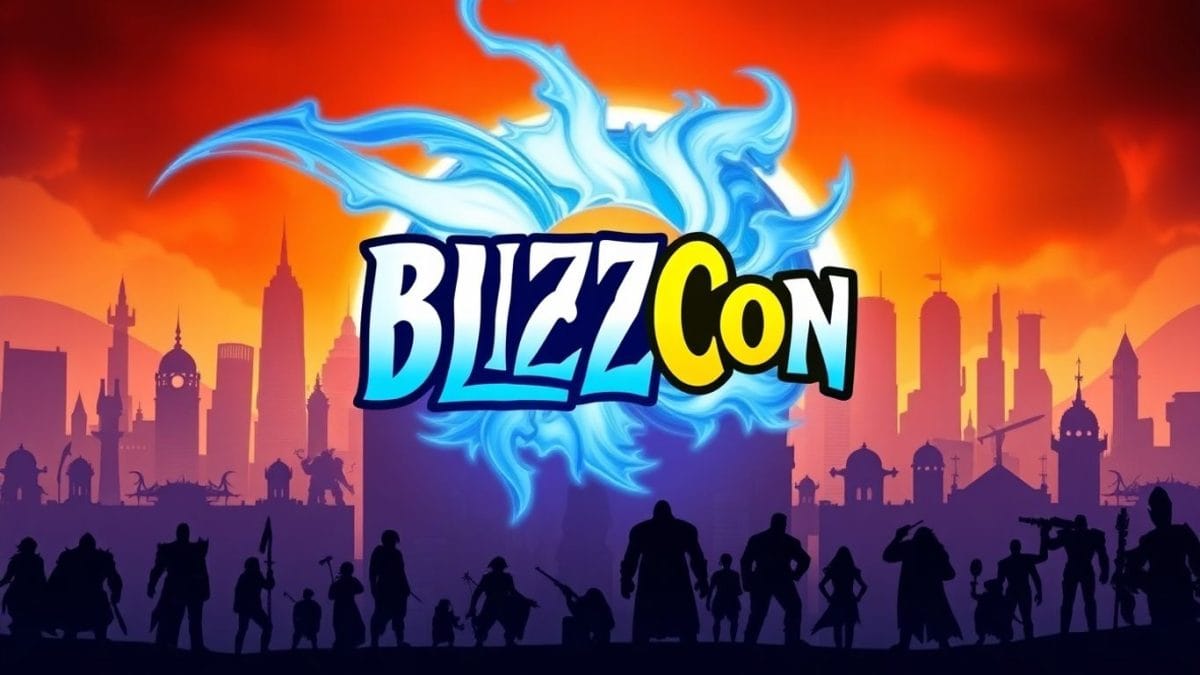BlizzCon 2026 logo with futuristic cityscape and energy swirls.