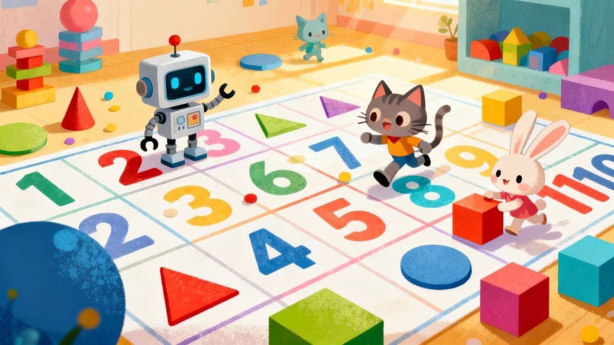 Children playing math games with colorful numbers and shapes.