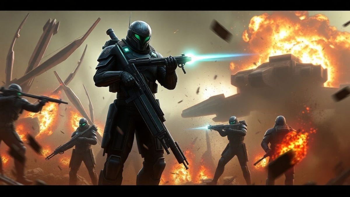 Soldier in futuristic armor on a battlefield.