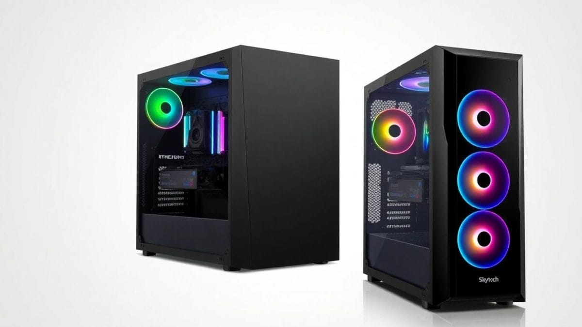 Skytech RTX 5070 Ti gaming PC with RGB lighting.