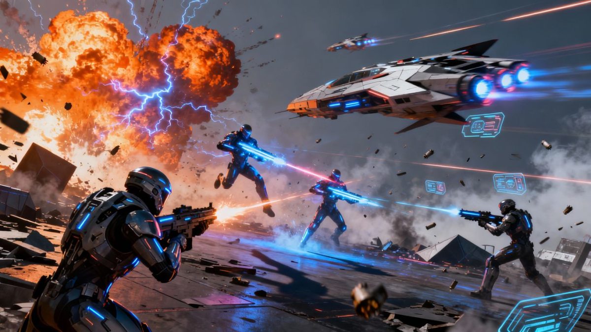 Futuristic soldiers in intense battle with spacecraft overhead.