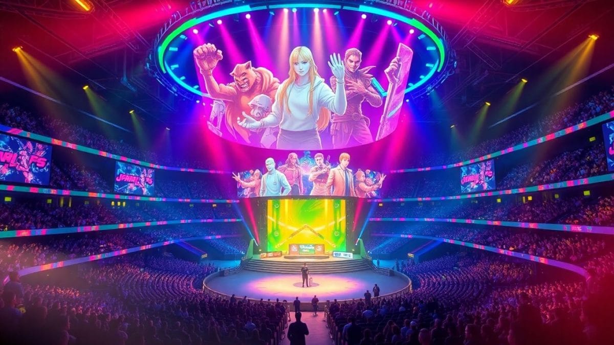 Esports World Cup 2025 arena with game characters.