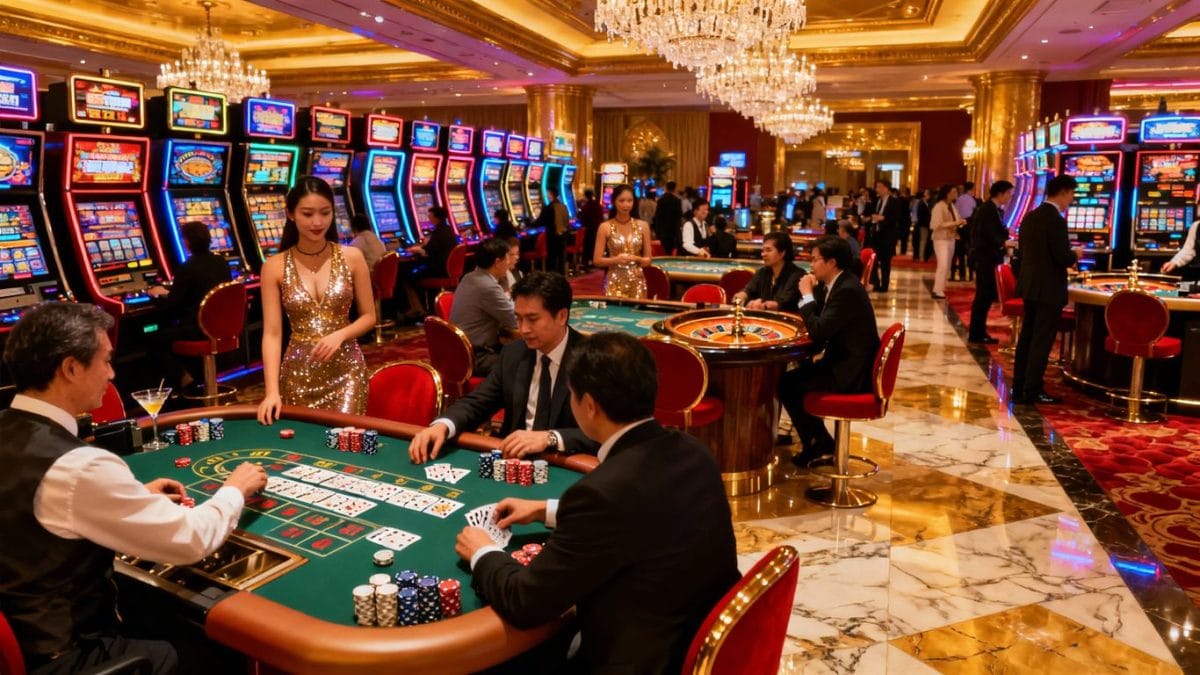 Nevada casino floor with slot machines and table games.