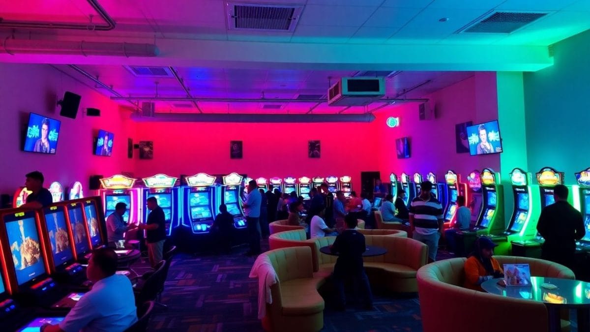 Badlands Gaming community hub interior with gaming stations and people.