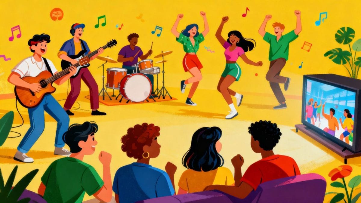 Diverse people enjoying entertainment in a playful, illustrative style.