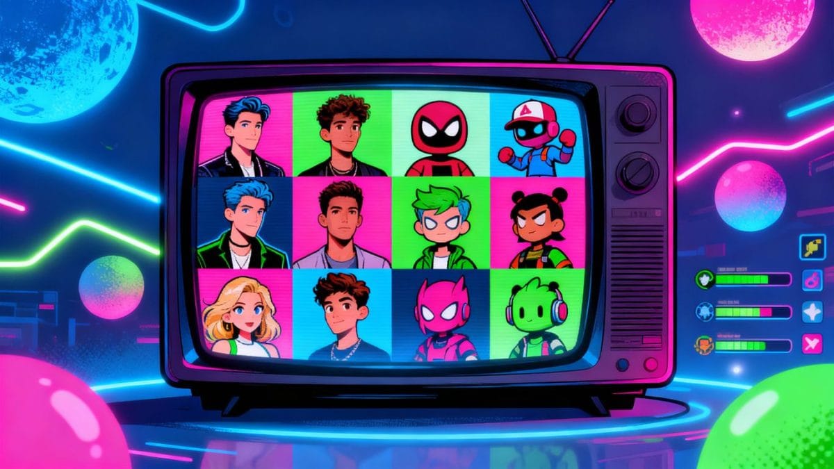 Watch entertainment episodes on a stylized TV screen.